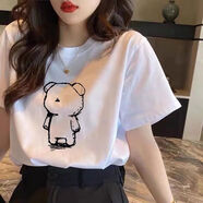 芽梔舞短袖t恤女白色夏季寬松圓領(lǐng)半袖純色打底基礎(chǔ)款上衣 可愛熊 S 85-100斤