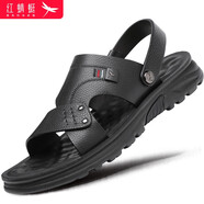 紅蜻蜓皮涼鞋男透氣休閑涼拖鞋兩穿頭層牛皮沙灘鞋男WTT222411黑色42