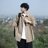 OEMG   日系cityboy短襯衫男生夏季卡其色復(fù)古七分袖襯衣痞帥休閑外套 卡其色 XL