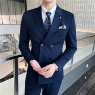 白灰樓 西服套裝男新款韓版修身雙排扣西服三件套商務(wù)休閑職業(yè)正裝套裝新郎伴郎結(jié)婚禮服宴會(huì)西裝男 藏青色三件套（西服+西褲+馬甲） S