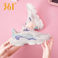 361°女鞋運動鞋女跑步鞋網面老爹鞋夏季款透氣潮皮面休閑鞋旅游鞋R 羽毛白/粉紫灰6760F 35