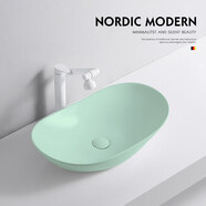 舒適鷹牌薄荷綠元寶盆臺上盆洗手盆單盆衛生間陶瓷洗臉盆家用洗漱臺盆下水 A14大號單盆+白色招財貓龍頭套裝