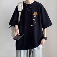 嘉曄短袖t恤男2024夏季新款五分袖t恤男裝衣服港風(fēng)潮牌冰絲半袖男體恤 T145箱小貓黑色 S 【60-70斤】