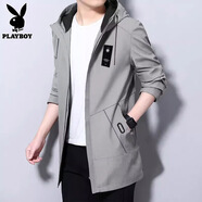 花花公子（PLAYBOY）風(fēng)衣男中長(zhǎng)款春秋季新款外套男裝連帽大衣大碼青年學(xué)生上衣 8929灰色常規(guī)款 XL
