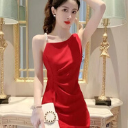 喬駿晟性感一字肩吊帶連衣裙2023夏收腰小個(gè)子連衣裙氣質(zhì)短款包臀裙 紅色【短款連衣裙】 2XL 【建議111-120斤】