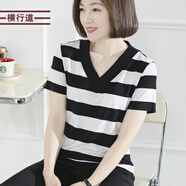 橫行道2024夏裝V領粗橫條紋休閑女裝寬松短袖上衣打底衫內(nèi)搭半袖t恤 黑白 M