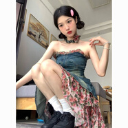 慕伊銘（MUYIMING）玫瑰碎花拼接毛邊牛仔連衣裙女春夏季辣妹設(shè)計(jì)感收腰抹胸裙潮 主圖色 M