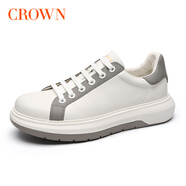 CROWN男鞋春秋新款潮牌小白鞋男真皮時尚厚底休閑運動板鞋男 灰色 （偏大一碼） 39