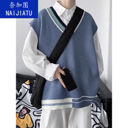 奈加圖（NAIJIATU）兩件套裝毛衣背心男秋季韓版潮流v領(lǐng)針織衫秋季ins學(xué)院風(fēng)寬松馬甲 Y07藍色馬甲 M