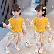 1-2-4-5-6歲女寶寶春秋裝連衣裙套裝2022秋季新款網(wǎng)紅女童長袖套裙兒童洋氣三周歲小童公主裙潮 黃色 120cm
