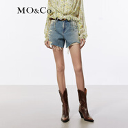 MO&Co.牛仔短褲棉質(zhì)復古洗褪手磨破洞精裁中腰直筒褲子牛仔藍摩安珂 牛仔淺藍色 S 26
