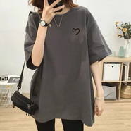 長款t恤女中長款夏季寬松半袖oversize韓版潮男女圓領(lǐng)短袖上衣服 深灰色(高品質(zhì)100%純棉) 3XL(160-180斤)