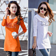 索宛亦（SUOWANYI）中長(cháng)款包臀長(cháng)袖大款修身T恤棉秋冬季女衫體恤外穿秋衣 K05兩件裝 桔色+白色 XXXL