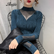 Aosijie輕奢女裝品牌 半高領(lǐng)毛衣女2021年新款天鵝絨拼接蕾絲針織打底衫加厚內(nèi)搭上衣百搭針織衫 孔雀藍(lán) S