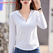 LOVER RUCCI純棉連帽長袖t恤女春秋新款小衫純棉白色打底帽衫弧形薄款上衣潮 白色 XL 建議115-125斤