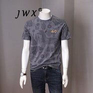 JWX香港潮牌薄款民族風(fēng)T恤男 2024年夏季新款修身百搭透氣印花短袖衫 深灰 XL