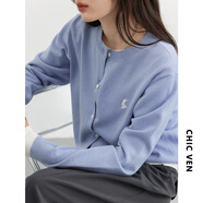 CHIC VEN 2025春季新款多色可選簡約純色兔子刺繡針織開衫毛衣女chicven 藍色 M