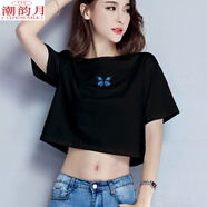 潮韻月超短上衣t恤高腰露臍短款女短袖夏季黑色 黑色322 S 92斤以下