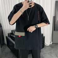 閃爆短袖T恤男潮牌潮流男裝夏季薄款寬松工裝大碼時(shí)尚衣服男裝t恤圓領(lǐng) 黑色 2XL