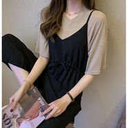 VEOX單件/兩件套 大碼背帶褲兩件套女寬松顯瘦學(xué)生洋氣T恤闊腿褲套裝 卡其色T恤+連體褲_兩件套 M [建議80-100斤]