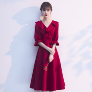 塞德勒敬酒服小個(gè)子平時(shí)可穿結(jié)婚新娘回門秋季酒紅色連衣裙宴會晚禮服女 酒紅色中長款 XL