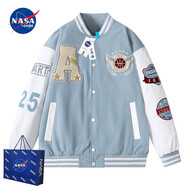 NASADKGM夾克外套男秋冬季新款美式棒球服外套男潮流寬松情侶繡花上衣夾克 淺藍色（春秋款） XL （建議130-150斤）