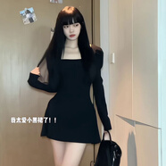 爾山集秋冬連衣裙女大衣內(nèi)搭收腰裙子方領(lǐng)長(zhǎng)袖2024新款法式小黑裙 長(zhǎng)袖收腰a字連衣裙黑色L