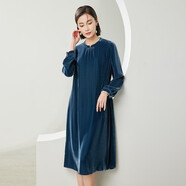 亦朵藍(lán)色絲絨真絲連衣裙長袖杭州品牌時尚女裝氣質(zhì)修身裙子秋季中長款 藍(lán)色 M