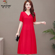 啄木鳥(niǎo)中年棉綢連衣裙女夏裝短袖中長(cháng)款寬松時(shí)尚顯瘦沙灘大擺裙子 大紅 3XL 【建議125-140斤】