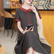 意枕上2025夏季新款香云紗高貴復(fù)古真絲過(guò)膝桑蠶絲媽媽繡花連衣裙女 黑色 2XL 建議120-130斤