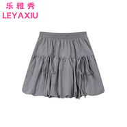 樂(lè )雅秀2024小眾甜酷壓褶花苞蓬蓬裙防走光設計感松緊腰綁帶燈籠高腰短裙 水泥灰 L 建議110-120斤