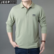 JEEP SPIRIT翻領長袖t恤寬松彈力春夏柔軟休閑開衩體恤衫莫代爾混紡薄款上衣 卡其薄款 L (175) /96A建議135-145斤
