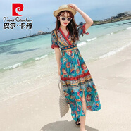 皮爾卡丹（pierre cardin）波西米亞碎花長裙連衣裙顯白2025夏天新款仙女三亞度假雪紡沙灘裙 藍底黃花 3XL 建議135-145斤