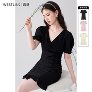 西遇V領(lǐng)泡泡袖連衣裙女2026年早夏新款法式褶皺收腰修身包臀裙子 黑色 XL