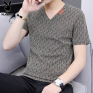 花花公子（PLAYBOY）冰絲短袖t恤男士夏季裝薄款v領(lǐng)寬松上衣新款潮流網(wǎng)紗鏤空半袖男裝 K18卡其 XL 推薦【125-140斤】