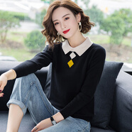 記述長(zhǎng)袖t恤女女裝春裝年秋裝新款薄款打底衫女春秋百搭假兩件女上衣 黑色 XL #