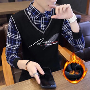 秋季加絨加厚假兩件毛衣男韓版帶領(lǐng)子針織衫秋天保暖假領(lǐng)毛線(xiàn)衣服 加絨毛黑色 M 110斤以下