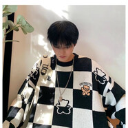 秋冬季復古棋盤格小熊針織衫毛衣男ins情侶寬松上衣服韓版潮流外套棋盤格毛衣男潮牌加厚慵懶線衣 黑色 XL