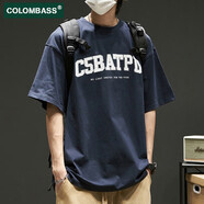 Colombass純棉短袖t恤男夏季日系寬松字母印花半袖體恤潮流ins休閑短袖男 藏青色 XL/180(建議145-160斤)