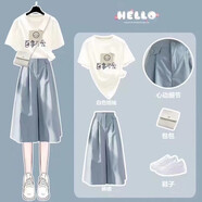 2024夏季新款T恤女學(xué)生韓版寬松短袖一整少女初中生高中生閨蜜裝 百事可愛(ài)白t+藍色褲裙 S
