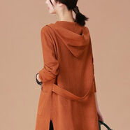 啄木鳥(niǎo)氣質(zhì)毛衣慵懶風(fēng)針織開(kāi)衫外套女披肩女秋中長(cháng)款寬松外搭連帽毛衣薄 橙紅色 長(cháng)袖 衣長(cháng)74-76CM XL 130-150斤