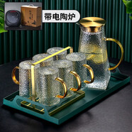 華行 錘紋玻璃杯帶把耐熱水杯喝水杯子冷水壺涼水壺家用客廳水具茶杯套裝 錘紋把杯6只+金色杯架+方形錘紋壺+杯盤+電陶爐