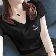 尚濤短袖t恤女寬松上衣夏季女裝新款休閑韓版V領印花體恤打底衫 v領黑色五角星 XL 建議110-120斤