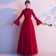 麥斯貝思敬酒服新娘新款冬季加厚酒紅色長袖中式回門服結(jié)婚晚禮服女秋冬 酒紅色長款加厚 S