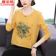 蕾諾希2024春秋裝新款寬松長(cháng)袖T恤女棉繡花百搭秋衣外穿打底衫上衣8188 黃色 4XL（建議150-165斤）