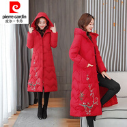皮爾卡丹（pierre cardin）復古民族風(fēng)棉襖長(cháng)款過(guò)漆棉衣棉衣女修身顯瘦棉服盤(pán)扣刺繡冬季外套 紅色 M 80斤-105斤