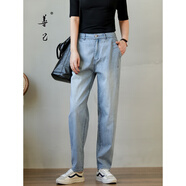 善己春夏淺藍哈倫牛仔褲女貢針刺繡減齡新款休閑小腳錐形蘿卜褲子 牛仔藍 L 【現貨發(fā)售】