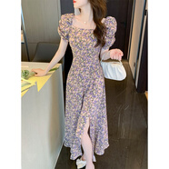 燕潯法式一字領(lǐng)碎花連衣裙子女夏季2025新款收腰顯瘦氣質(zhì)長裙開叉 粉色碎花 XL (建議125-140斤)