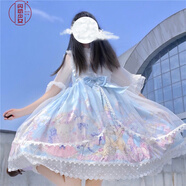 閃動(dòng)少女（SHANDONGSHAONV）洛麗塔甜美蓬蓬裙2020新款夏季日系少女感印花公主裙吊帶連衣裙女 天藍色單件 均碼