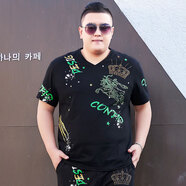 豪朗格加肥加大碼男裝雞心領(lǐng)t恤衫短袖夏裝半截袖特大號(hào)寬松體恤汗衫195 黑色 2XL